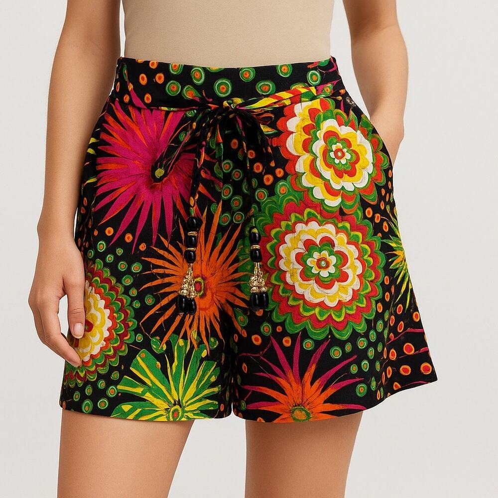 Junglee Billee Boho Black Multicolor Embroidered Shorts w/ Beaded Tie